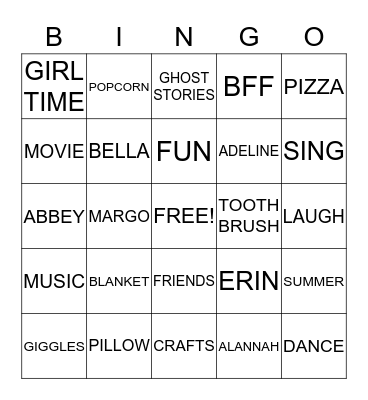 SLEEPOVER BINGO Card