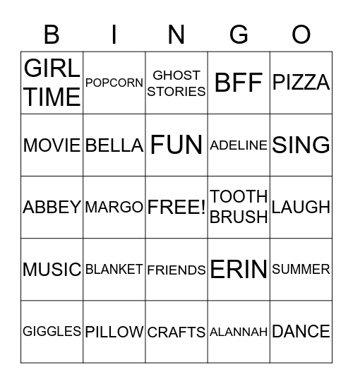 SLEEPOVER BINGO Card