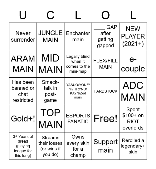 UCLOL BINGO Card