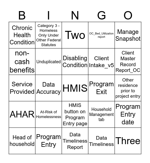 HMIS Bingo Card