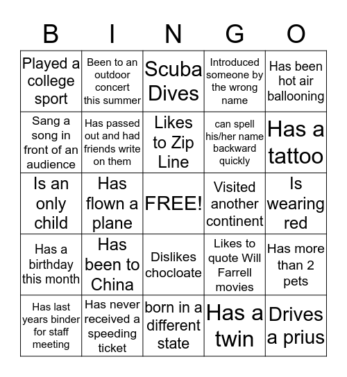 Find Someone Who....... Bingo Card