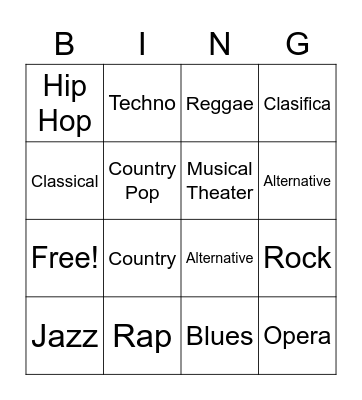 Musical Bingo Card