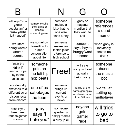drinking with waby will and nayana Bingo Card