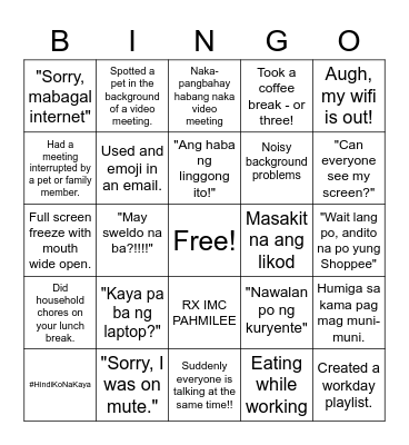 RX Work From Home Bingo Card
