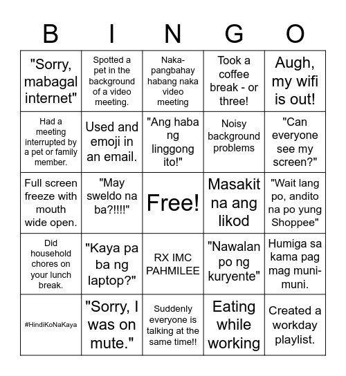 RX Work From Home Bingo Card