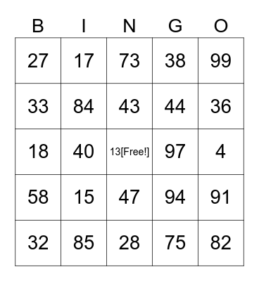 Number Bingo Card
