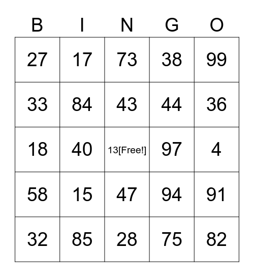 Number Bingo Card