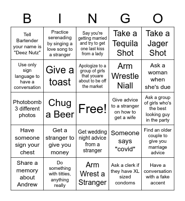 Andrew's Bachelor Party Bingo Card