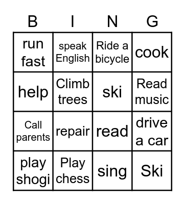 Can  & Can't Bingo Card