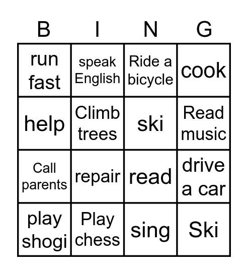 Can  & Can't Bingo Card