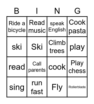 Can  & Can't Bingo Card