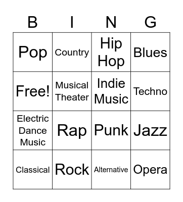Musical Bingo Card