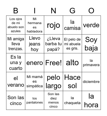 Spanish I Clothing, Time, Seasons, Physical Descriptions Bingo Card