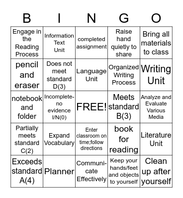 English/Language Arts Grade 6 Syllabus Bingo Card