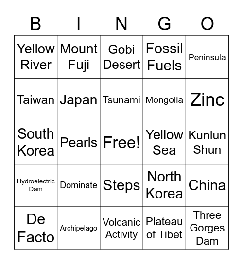 East Asia BINGO Card