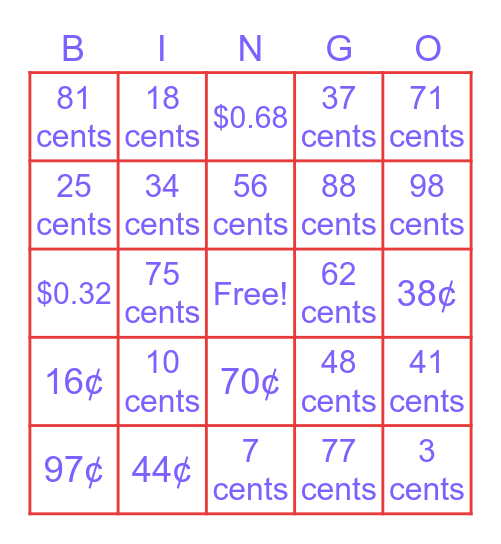 Money Bingo Card