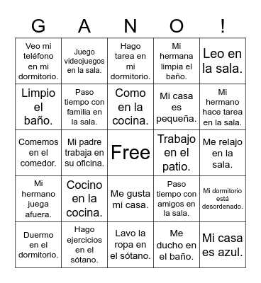 Rooms and Activities in the Home Bingo Card