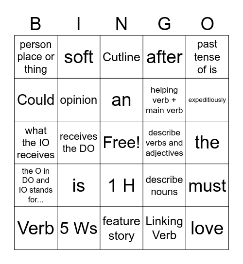 Journalism/Grammar Bingo Card
