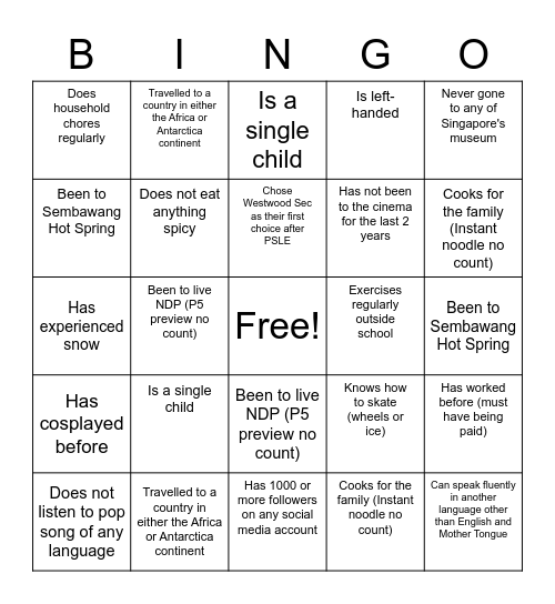 My Class 3H Bingo Card