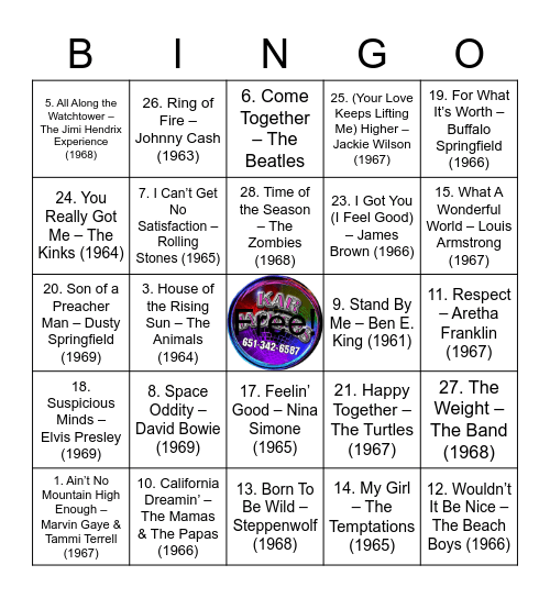 www.karjackers.com (Top 29 songs of the 60's) Bingo Card