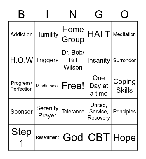 Recovery Bingo Card