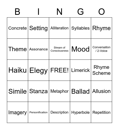 Poetry Bingo Card