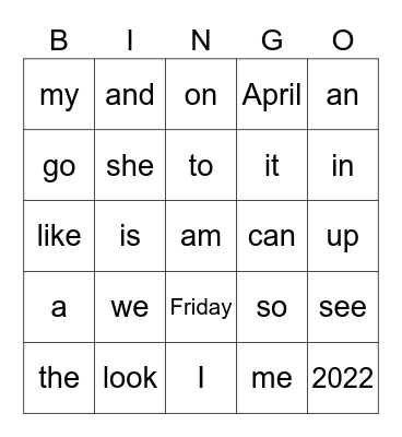 Sight Word Bingo Card