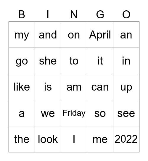 Sight Word Bingo Card