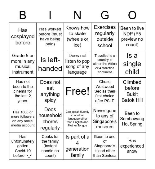 My Class 3H Bingo Card