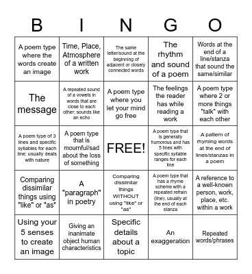 Poetry Bingo Card