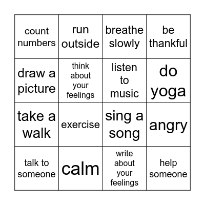 Calming Down Bingo Card