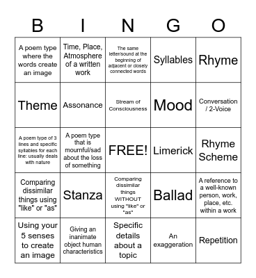 Poetry Bingo Card