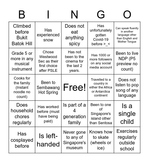 My Class 3H Bingo Card