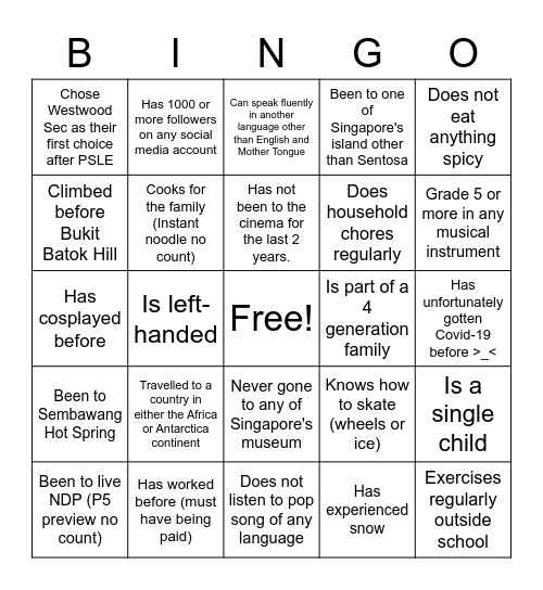 My Class 3H Bingo Card