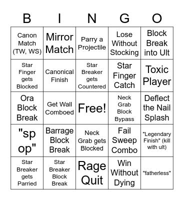 Star Platinum Bingo Card