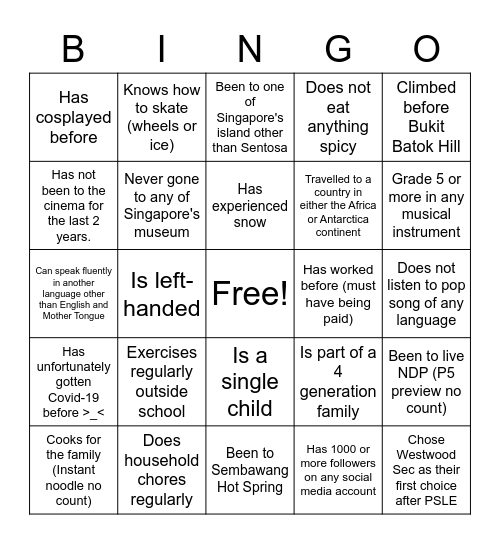 My Class 3H Bingo Card