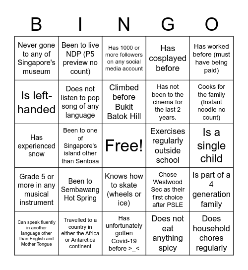 My Class 3H Bingo Card