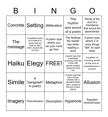 Poetry Bingo Card