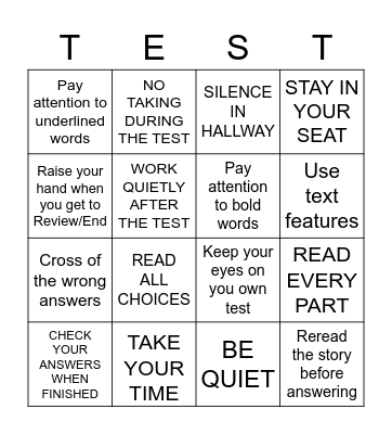 Test Day! Bingo Card