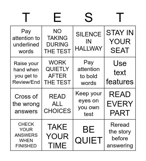 Test Day! Bingo Card