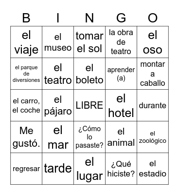 Realidades 1 Chap 8A Bingo Card