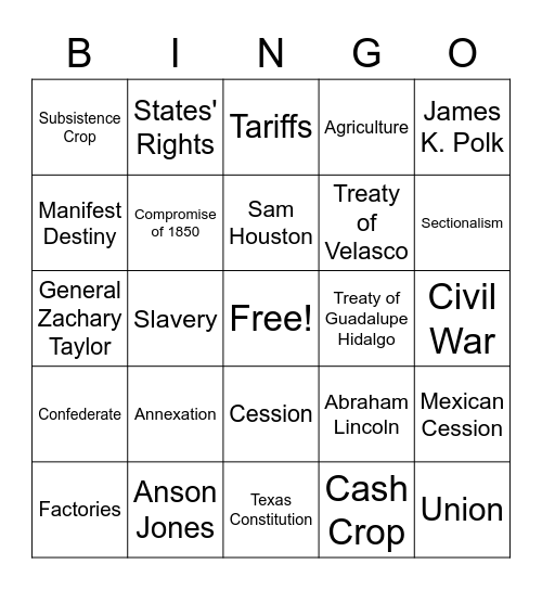 Early Texas Statehood Bingo Card