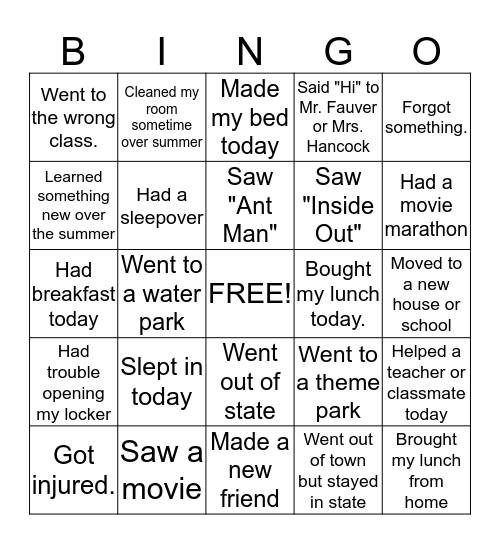 Music 6 - What I did over the Summer and today Bingo Card