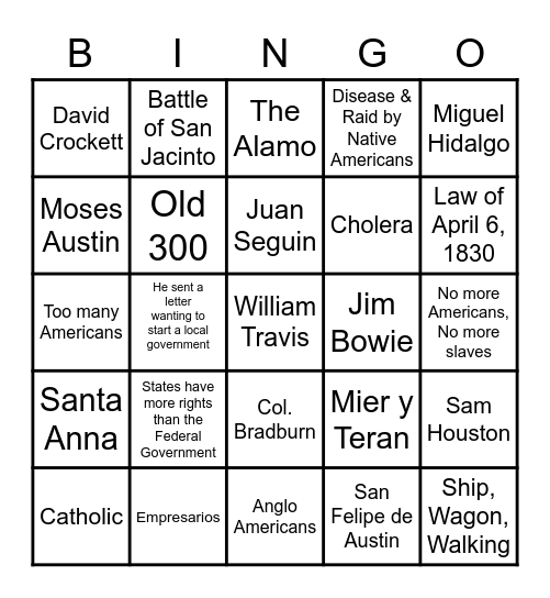 Texas Revolution Bingo Card