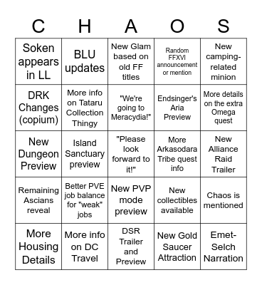 FFXIV LL 70 C H A O S Bingo Card