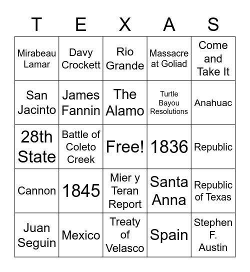 Texas Revolution Bingo Card