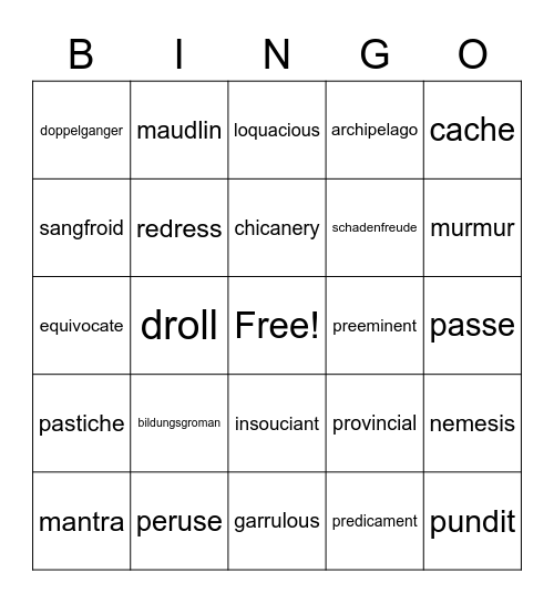 Vocabulary Bingo Card