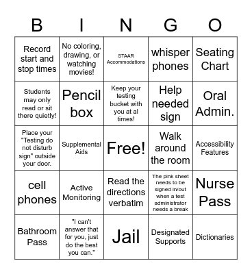 STAAR Testing Security Training 2022 Bingo Card