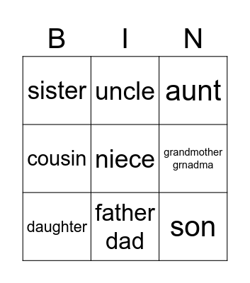 family Bingo Card