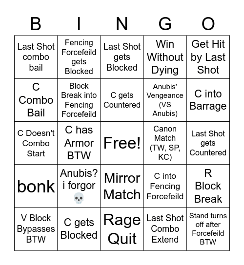 Silver Chariot Bingo Card